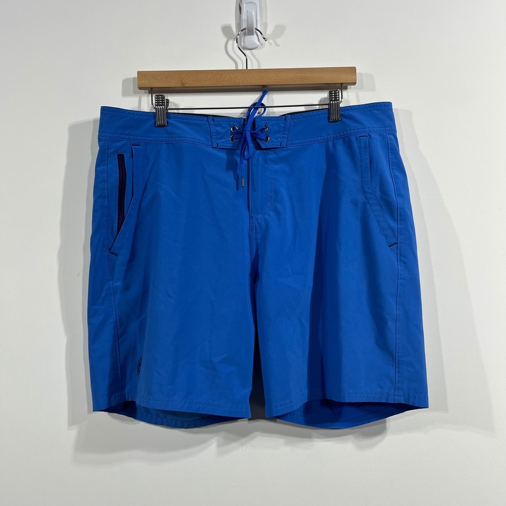 Stio Mens Board Shorts Blue Stretch Swim Trunks Pockets Size 38 Quick Dry Resort